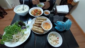Spring rolls, rice, vegetable curry (side dish included in meal) at Cumulus Vegetarian Restaurant in Hanoi