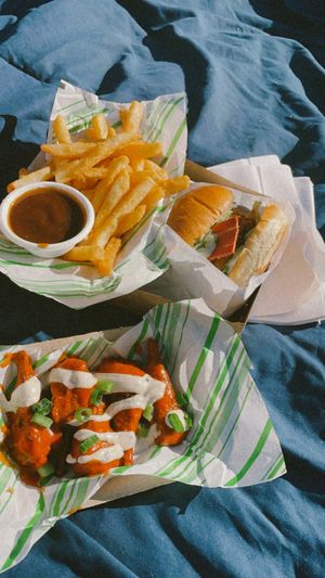 chicken bacon ranch burger, hot wings!!  at Veg Out in Surrey