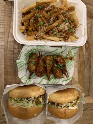 Poutine, sweet chilli drumsticks, and burgs  at Veg Out in Surrey