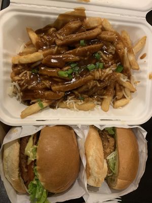Poutine, the regular burger and chicken burg  at Veg Out in Surrey