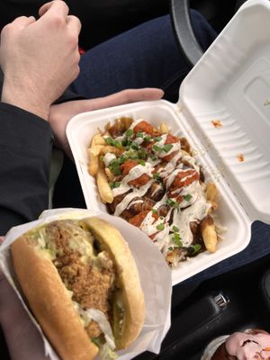 Butter chicken poutine and crispy chicken burger  at Veg Out in Surrey