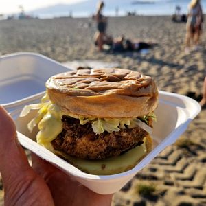 Crispy Chick'n Burger with Sweet Mustard and Pickles at Veg Out in Surrey