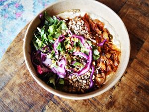 Bean and Potato Purree with Tomato Sugot, Salad and Seeds at FUCHS in Aachen