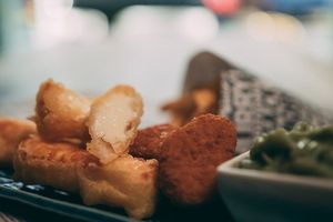 Battered Halloumi and Quorn Nuggests at The Chippy on Burton Rd in Manchester