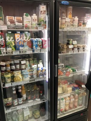 Plant milk, coconut condensed milk, tofu, coconut water, sausages and vegan holodec  at Eko-Pol'za - Lermontova in Irkutsk