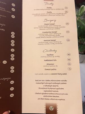 menu  at Dary Země in Frenstat Pod Radhostem