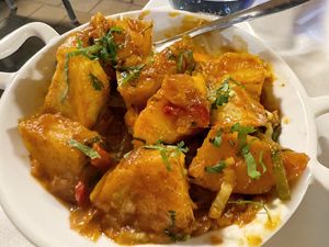 BOMBAY ALOO
(Potatoes cooked with onion and green peppers)  at Chilli La Duquesa in Manilva