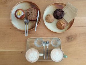 From left to right: Muffin limon y amopola (lemon & poppy seed), Banana Bread (excellent), Chip y Choc cookie, Aove Txoko cookie (intense), Peanut Butter cookie (delicious) at OhBaba  in San Sebastian