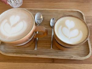 Hot chocolate and flat white  at OhBaba  in San Sebastian