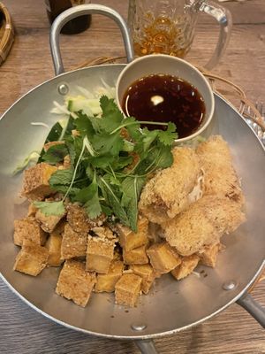 Rice noodles with fried spring rolls and fried tofu. Very good!   at An Viet in Vaxjo