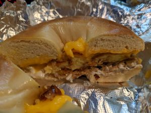 Vegan sausage on plain bagel at Cocky's Bagels in North Olmsted