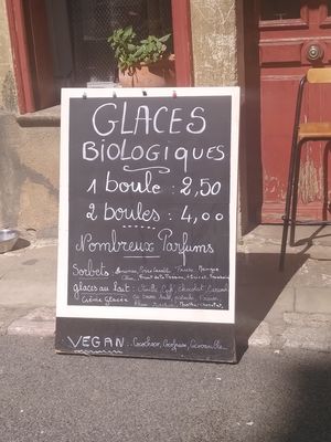 Ice cream menu, including some vegan options at Le Vegetarien in Villefranche-de-conflent