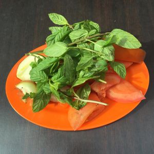 sides of mint, tomato and onion  at Hashem in Amman