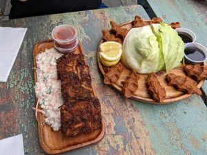 Kofteh plate and zucchini fritters at Happy Vegans in Hoboken