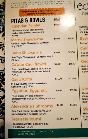 Menu at Eat Nabati in Toronto