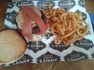 Bacon and pancake vegan burger at Annie's Burger Shack in Nottingham