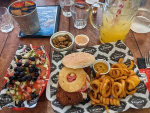 Buffalo burger (& added pineapple) with side salad and frickles at Annie's Burger Shack in Nottingham