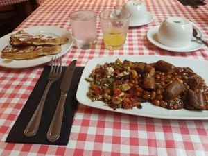 Vegan frank and beans with French toast. at Annie's Burger Shack in Nottingham