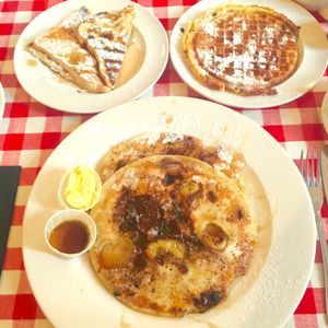 Chocolate & banana pancakes, maple syrup waffle and french toast at Annie's Burger Shack in Nottingham