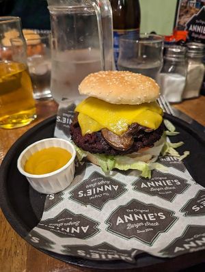 Vegan burger with Jack Daniels Mustard Sauce at Annie's Burger Shack in Nottingham