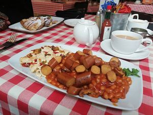 Vegan franks & beans, "small portion" of french toast in background! at Annie's Burger Shack in Nottingham
