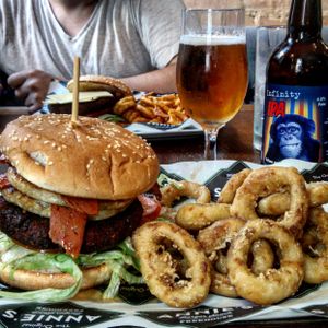The Vermonter (pancakes with maple syrup and bacon) and the Classic (peanut butter instead of mayo and unmelted "cheddar style" cheese) at Annie's Burger Shack in Nottingham