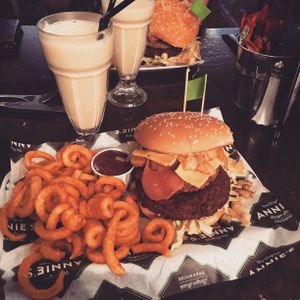 Vegan burger with vegan milkshake at Annie's Burger Shack in Nottingham