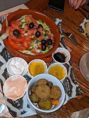 Salad and frickles and dips at Annie's Burger Shack in Nottingham