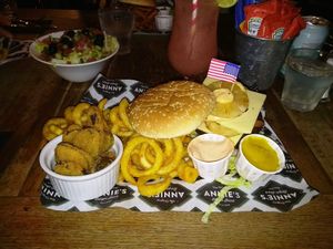 Boston nibbler burger - vegan with curly fries and frickles at Annie's Burger Shack in Nottingham