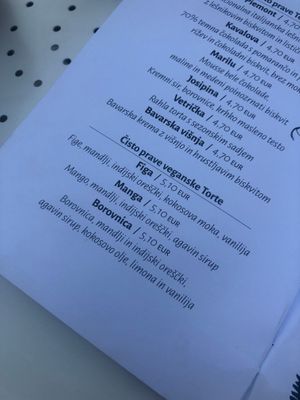 vegan cakes menu at Vrt Lili Novy in Ljubljana