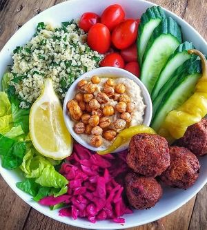Middle eastern falafel Buddah bowl at Laxey Kitchen in Laxey