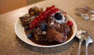 Pain perdu, fruits & chocolate sauce. at Chéri Coco in Pantin