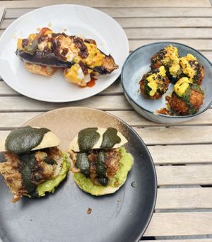 Savoury: fried enoki mushrooms baos, smoked eggplant with filo-like pastry, corn croquettes.   at Chéri Coco in Pantin