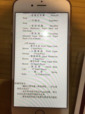 English menu from phone at Healthy Home in Shanghai