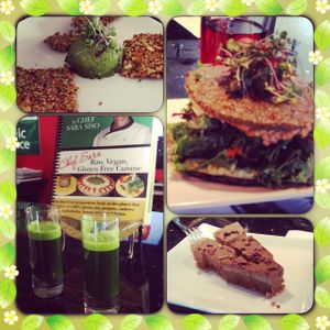 spinach pate, happy cow burger', wheat grass shots, and the grand finale of herbal coffee cake!  at Chef Sara's Raw Vegan Academy and Cafe in Cave Creek