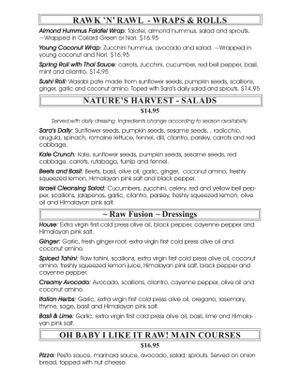 Menu Page 6/8 at Chef Sara's Raw Vegan Academy and Cafe in Cave Creek