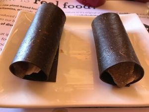 Chocolate Cannoli filled with banana ice cream and a vegan nut-based caramel at Chef Sara's Raw Vegan Academy and Cafe in Cave Creek