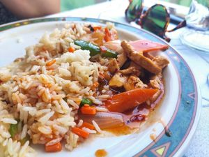 Szechuan tofu with fried rice with veggies at Chino China Town in Fuerteventura