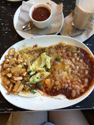 Huevos Rancheros without egg, with avocado. at Flying Star Cafe in Albuquerque