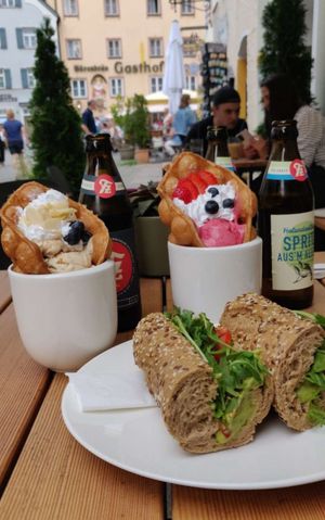 Toffe und Waldfrucht Waffeln und Guacamole Baguette  at Cafe Loumee in Fuessen