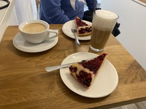 Raspberry-hazelnut cake   at Cafe Loumee in Fuessen
