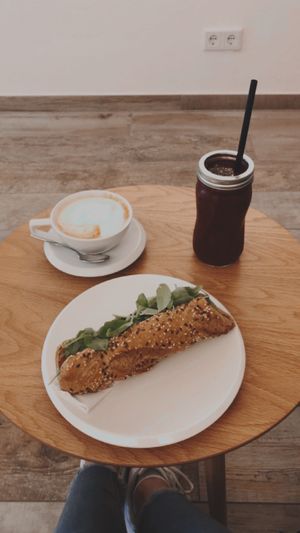 Avocado Baguette, Smothie and Cappucino with Soy Milk  at Cafe Loumee in Fuessen