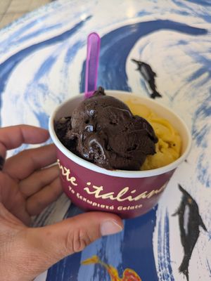 Vegan chocolate and mago passion fruit ice cream at Arte Italiano Gelateria in Kefalonia