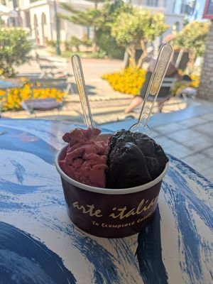 Vegan wild berries and dark chocolate ice cream at Arte Italiano Gelateria in Kefalonia