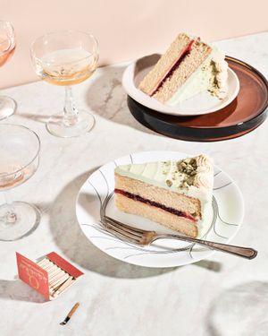 Vanilla layer cake with pistachio frosting and raspberry jam filling at Crust Vegan Bakery in Philadelphia
