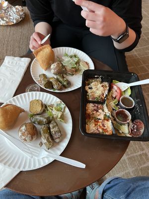 Grape leaves, vegetable samosas, and combination plate (baba ghannoj, hummus, and falafel)  at Daawat Indian Grill & Bar in Seattle