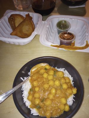 Take out - veggie samosas and Chana Masala at Mirch Masala in Seattle