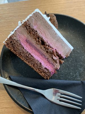 Vegan chocolate and raspberry cake  at Green One BTC in Ljubljana