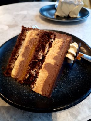 Chocolate mango cake at Green One BTC in Ljubljana