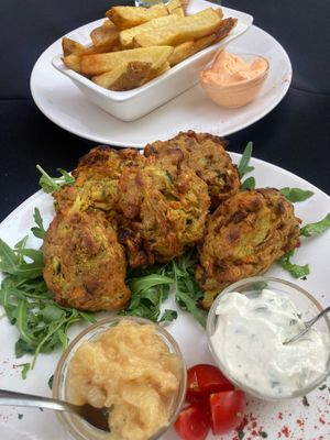 Delicious homemade Pakkora with apple chutney and mayonnaise.  at Phoenix Belgian Vegg in Malaga